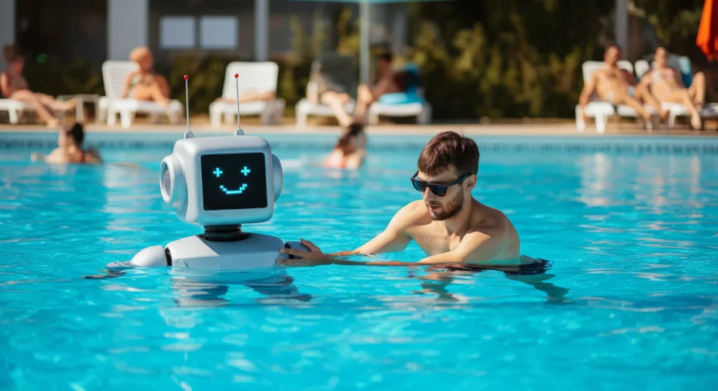 Kleiner Roboter im Pool neben einem schwimmenden Kind