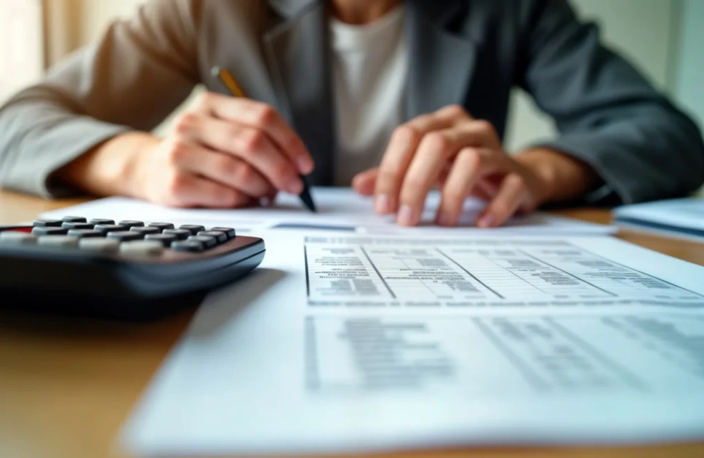 Hände mit Taschenrechner über einem Finanzdokument