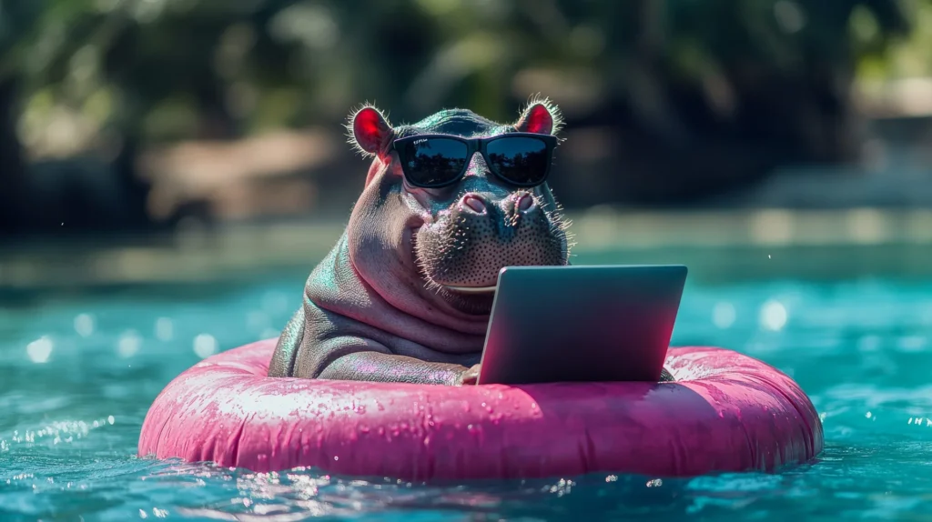 Schwein mit Sonnenbrille und Laptop auf einem Schwimmring