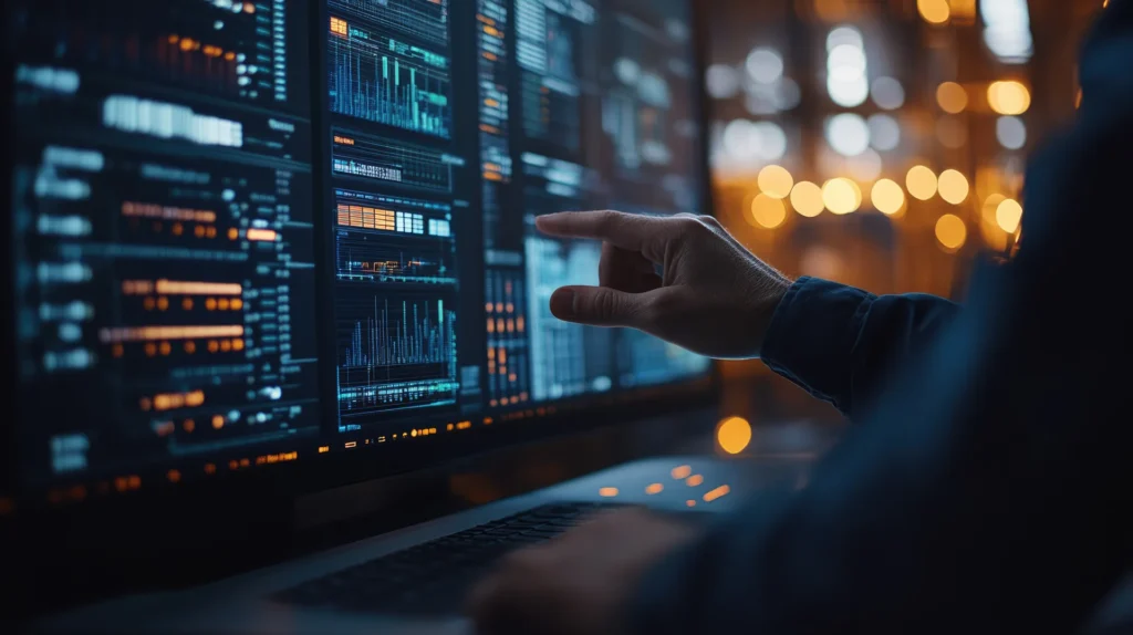 Hand bedient ein digitales Dashboard auf einem Bildschirm