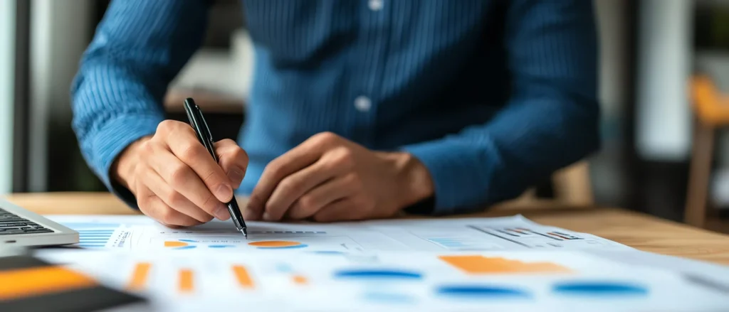 Hand schreibt neben Diagrammen und Finanzunterlagen
