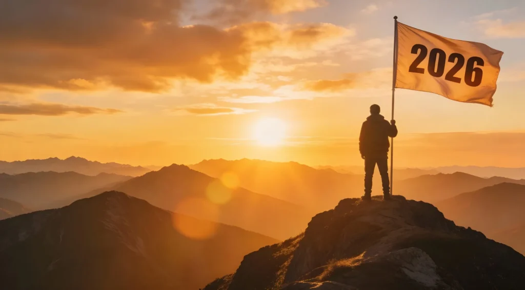 Wanderer mit Jahreszahl 2026 auf einem Berggipfel bei Sonnenaufgang