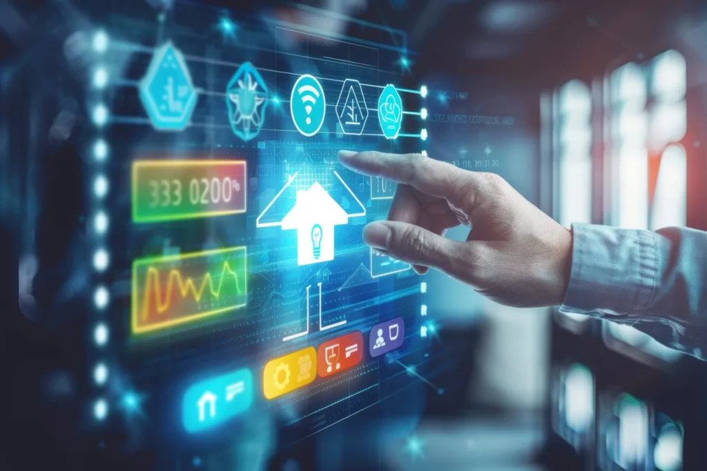 Hand bedient ein digitales Energie- und Gebäudesteuerungsdashboard