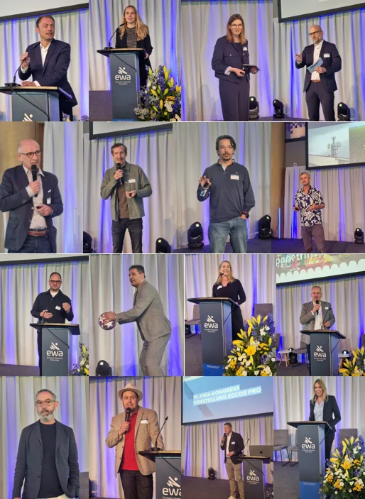 Collage aus Rednerinnen und Rednern auf einer Konferenzbühne